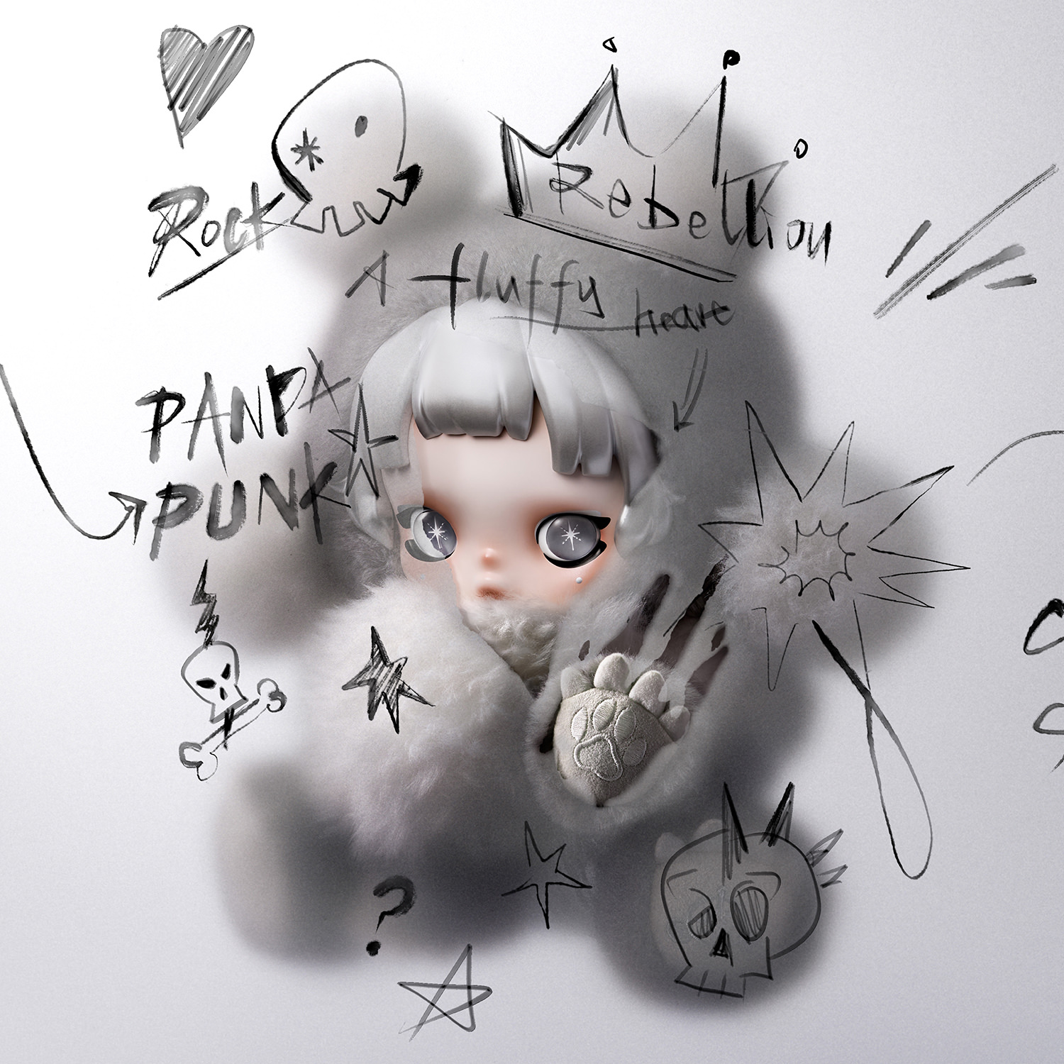 θ SKULLPANDA Punk Panda Plush Doll by Pop Mart